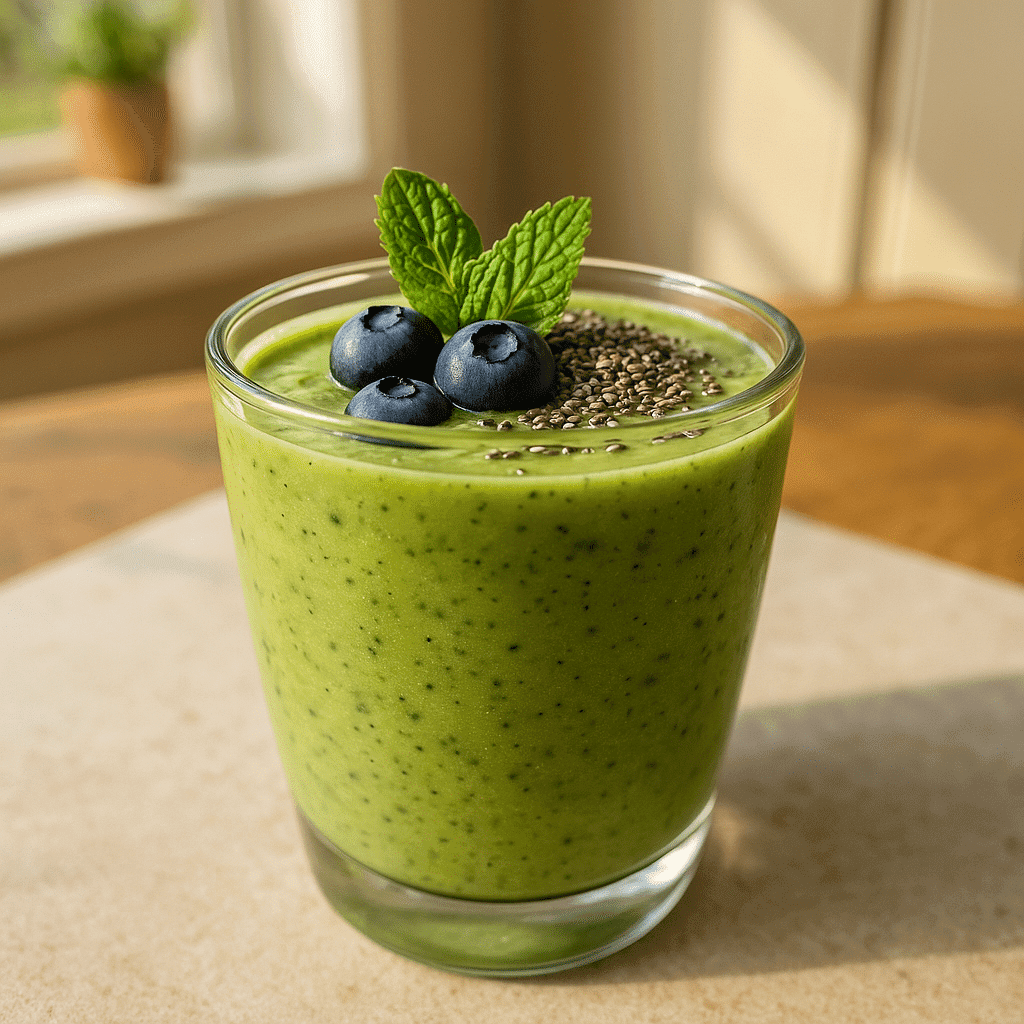 avocado blueberry smoothie in glass