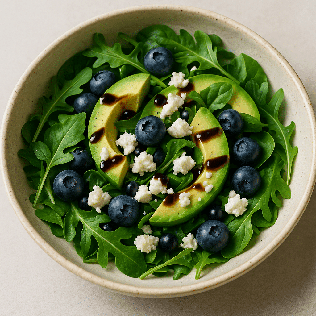 avocado blueberry salad in ceramic bowl