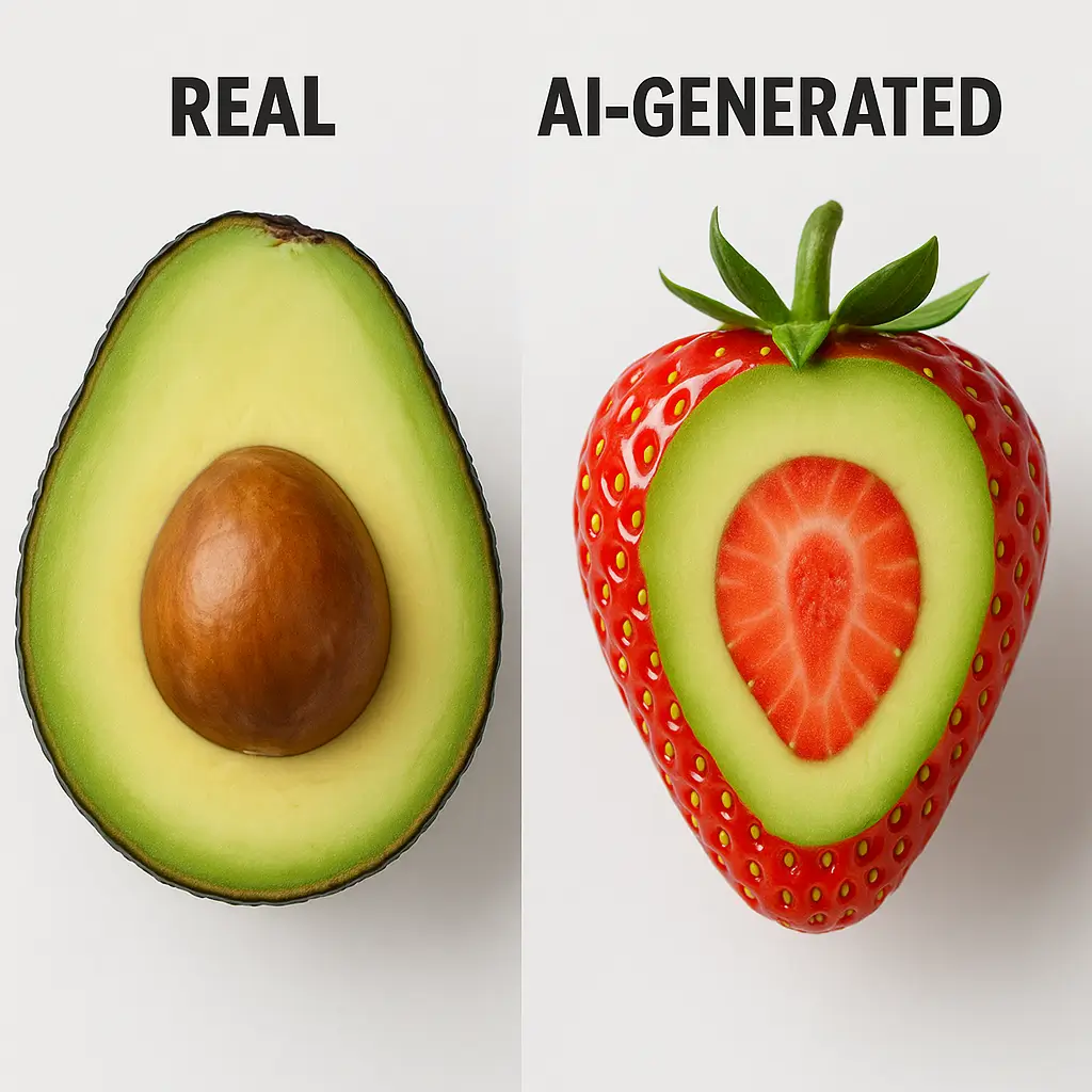 Real vs fake strawberry avocado fruit side-by-side
