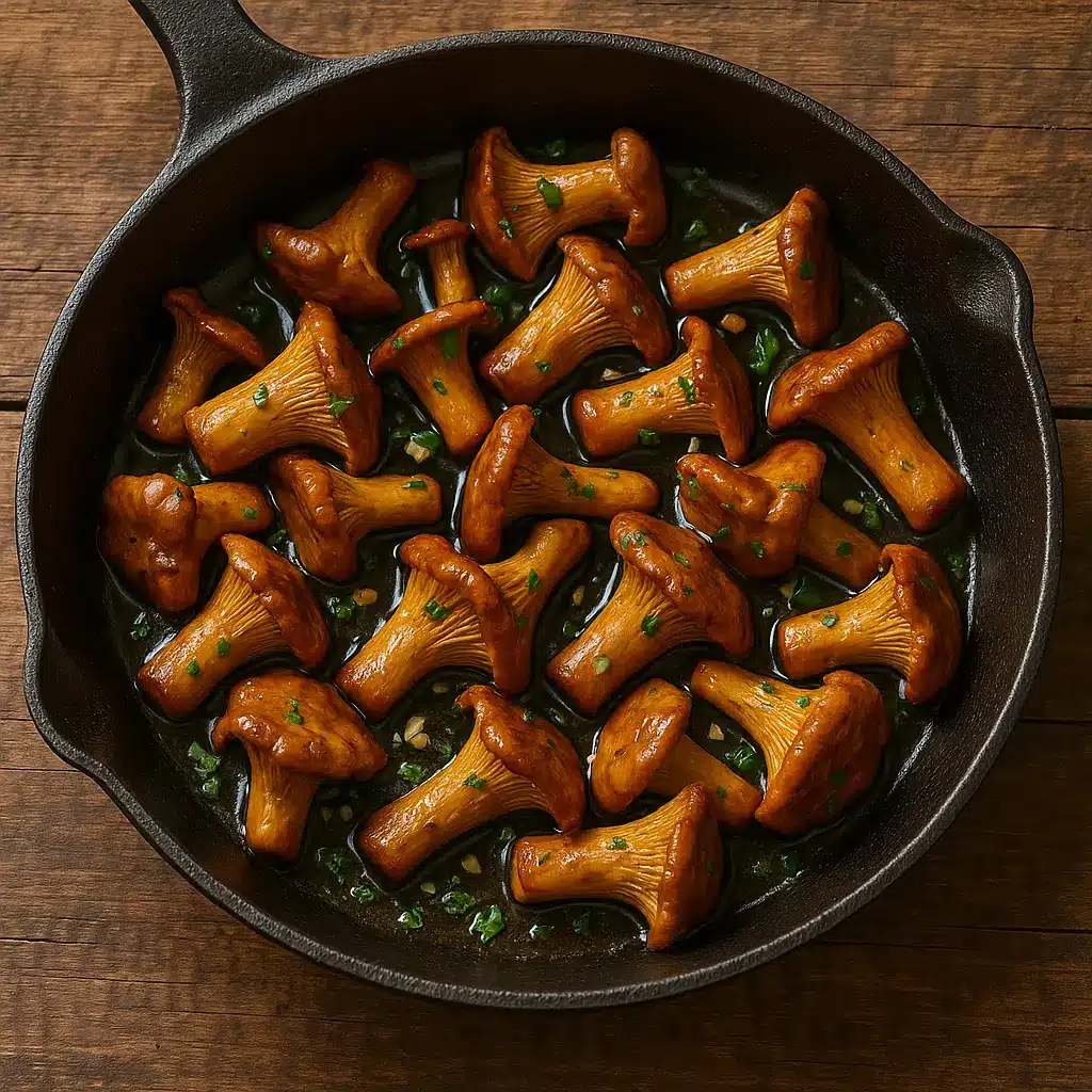 Sautéed chanterelle mushrooms recipe in a pan with garlic