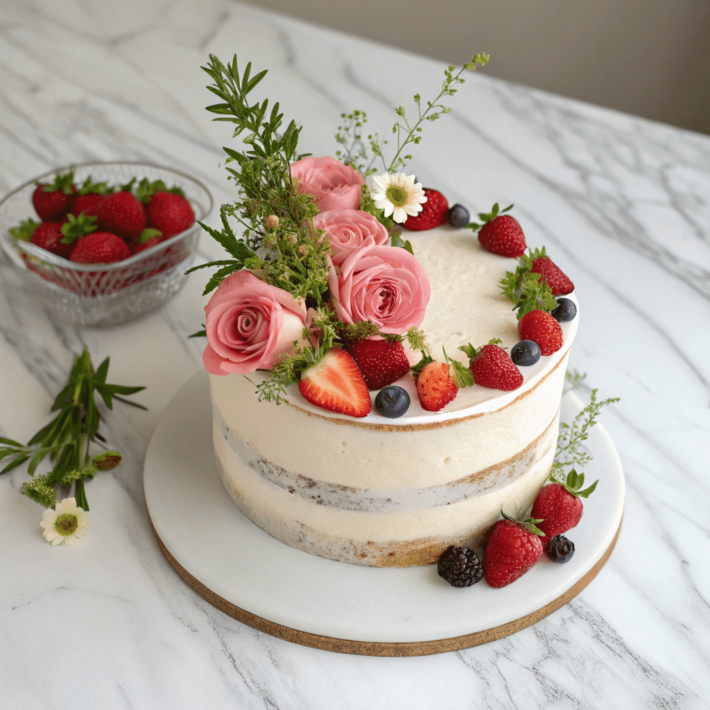 Naked cake with fresh roses and strawberries