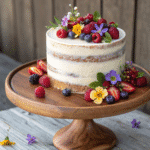 Rustic naked cake with berries and flowers