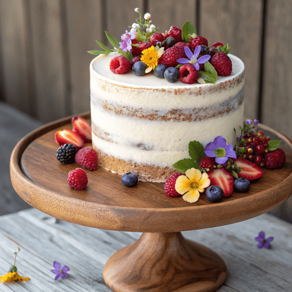 Rustic naked cake with berries and flowers