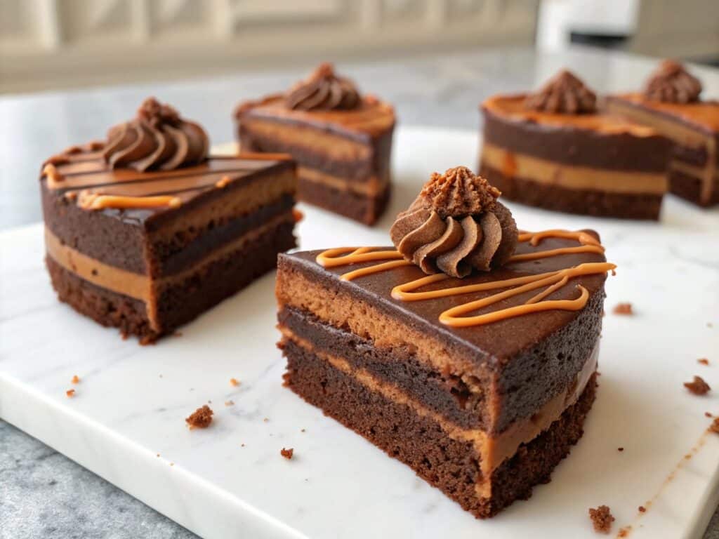 Mini slices of naked chocolate cake including vegan and gluten-free options
