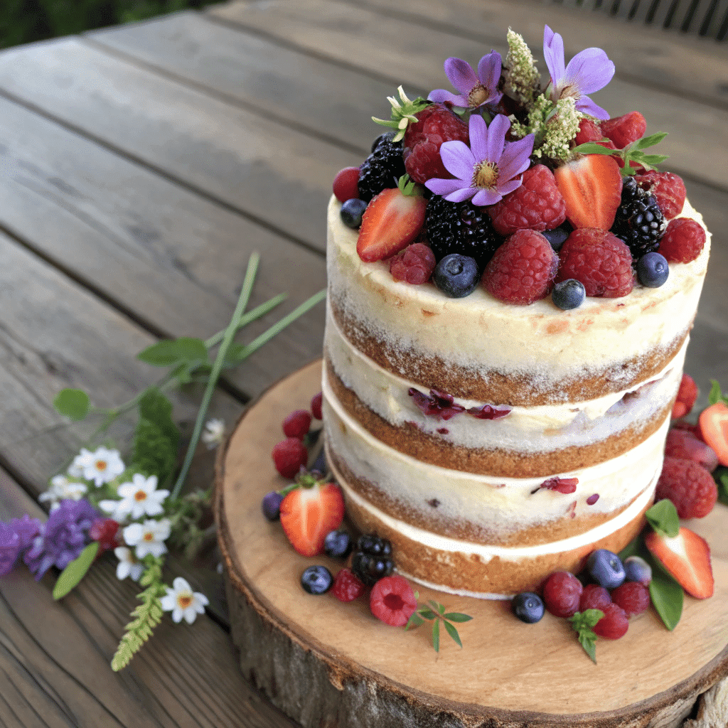 rustic american cakes naked with berries and flowers