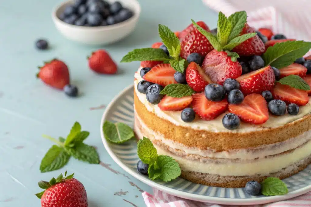 Naked cake topped with spring fruits and mint