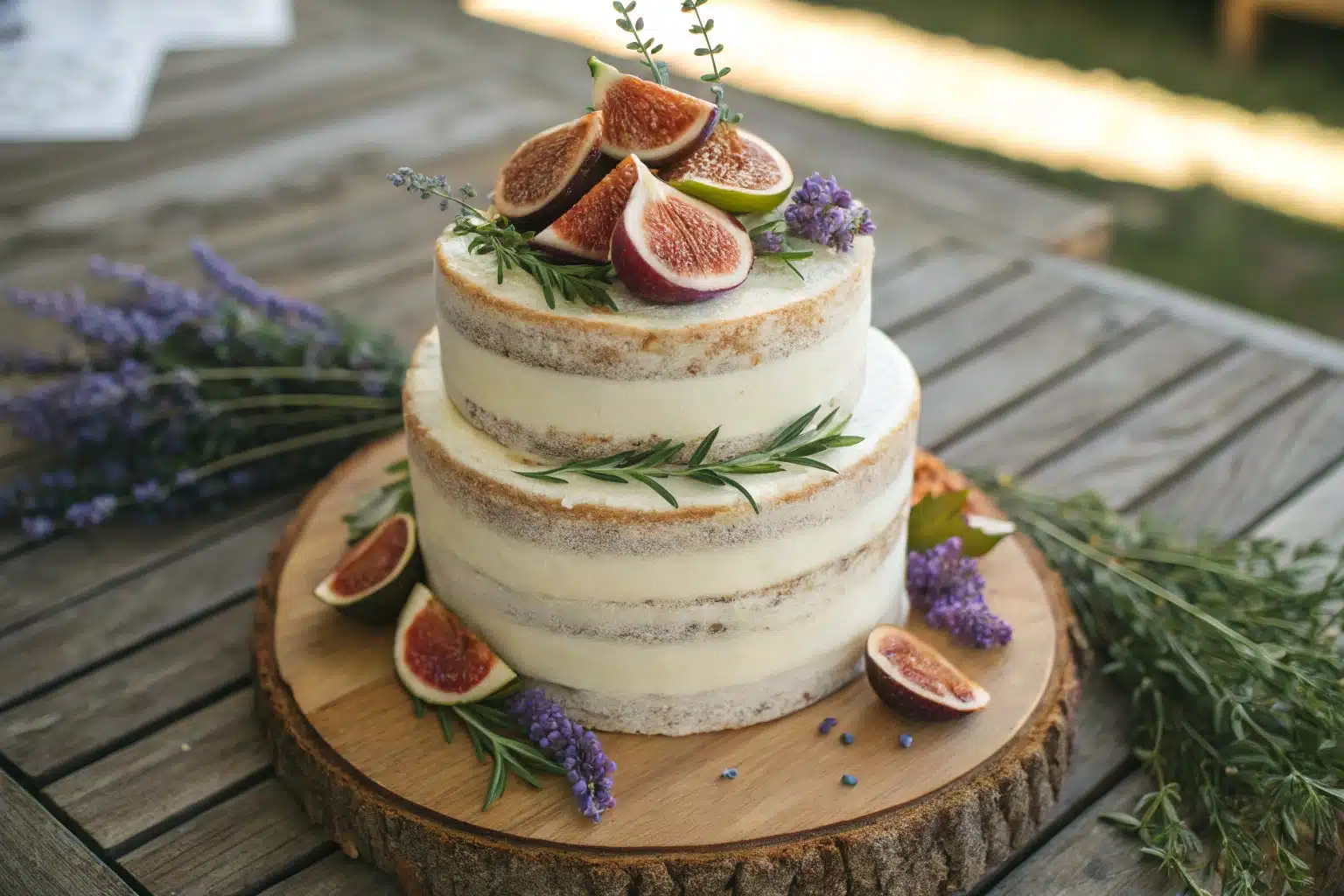Elegant three-tier naked cake ideas with herbs and figs
