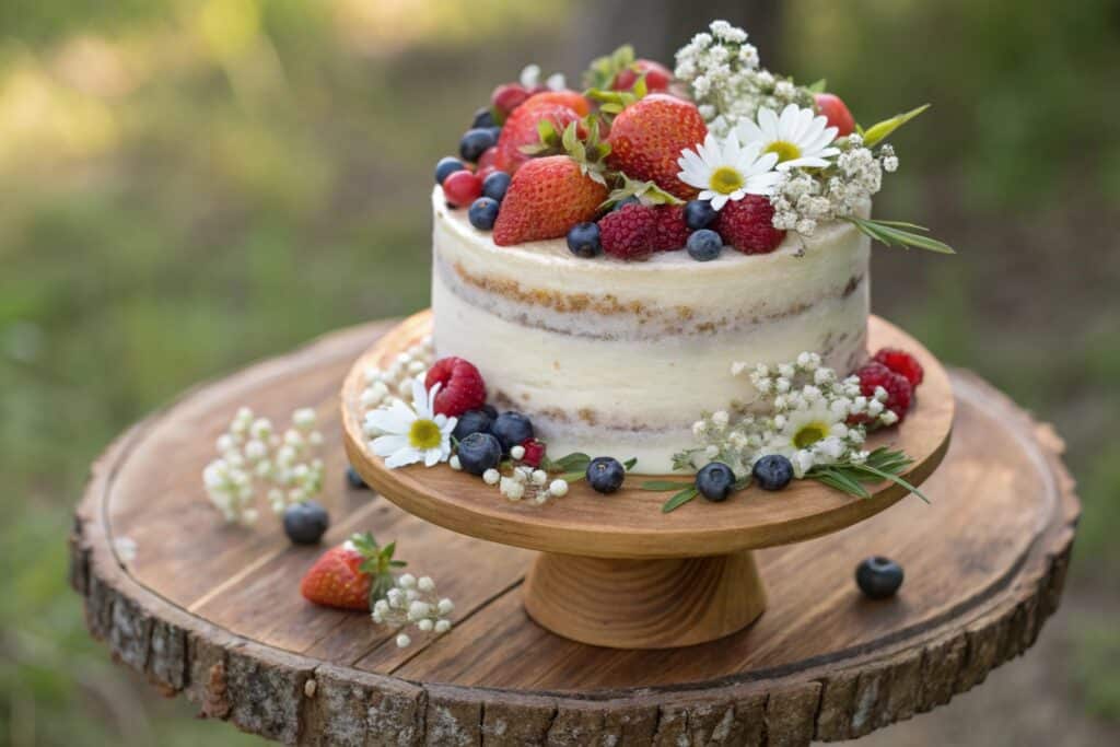 rustic naked birthday cake with berries and flowers