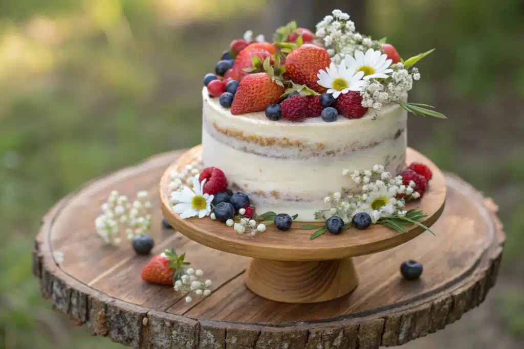 rustic naked birthday cake with berries and flowers