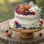 rustic naked birthday cake with berries and flowers