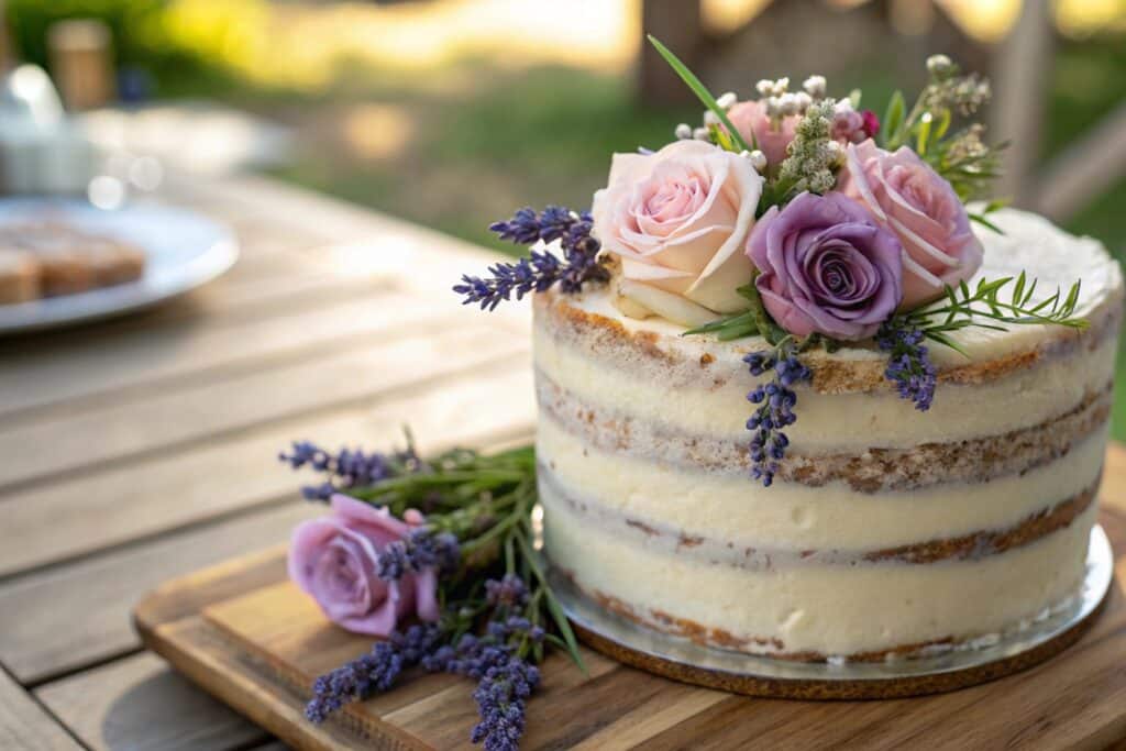 naked cake with flowers decorated using fresh roses