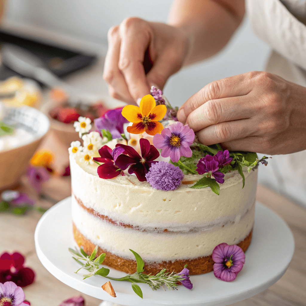 decorating naked cake with edible flowers