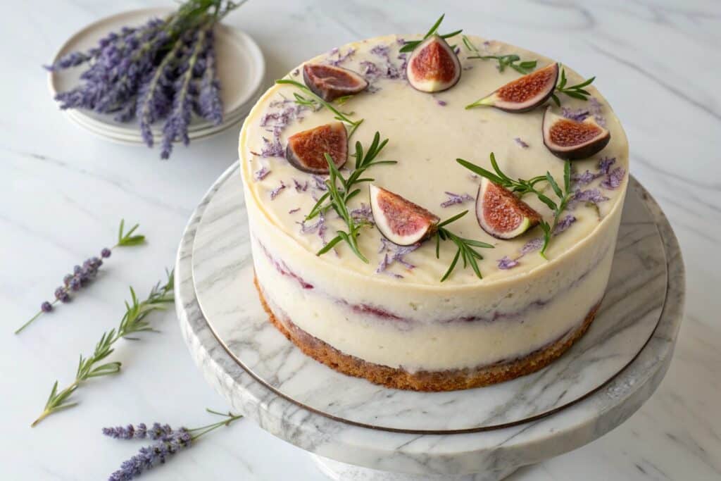 naked cake birthday decor with herbs and figs