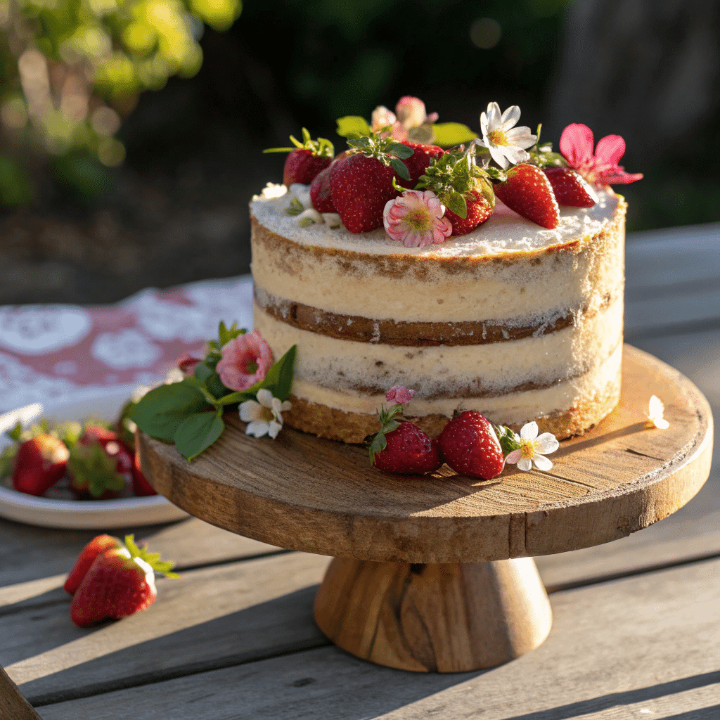 Rustic naked cake with berries and edible flowers
