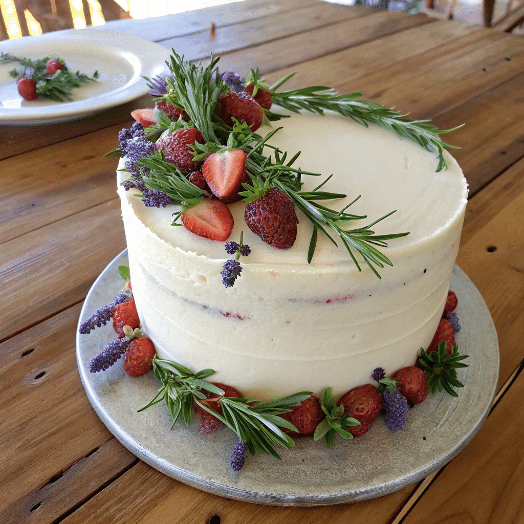 Naked cake with flower and herb decorations