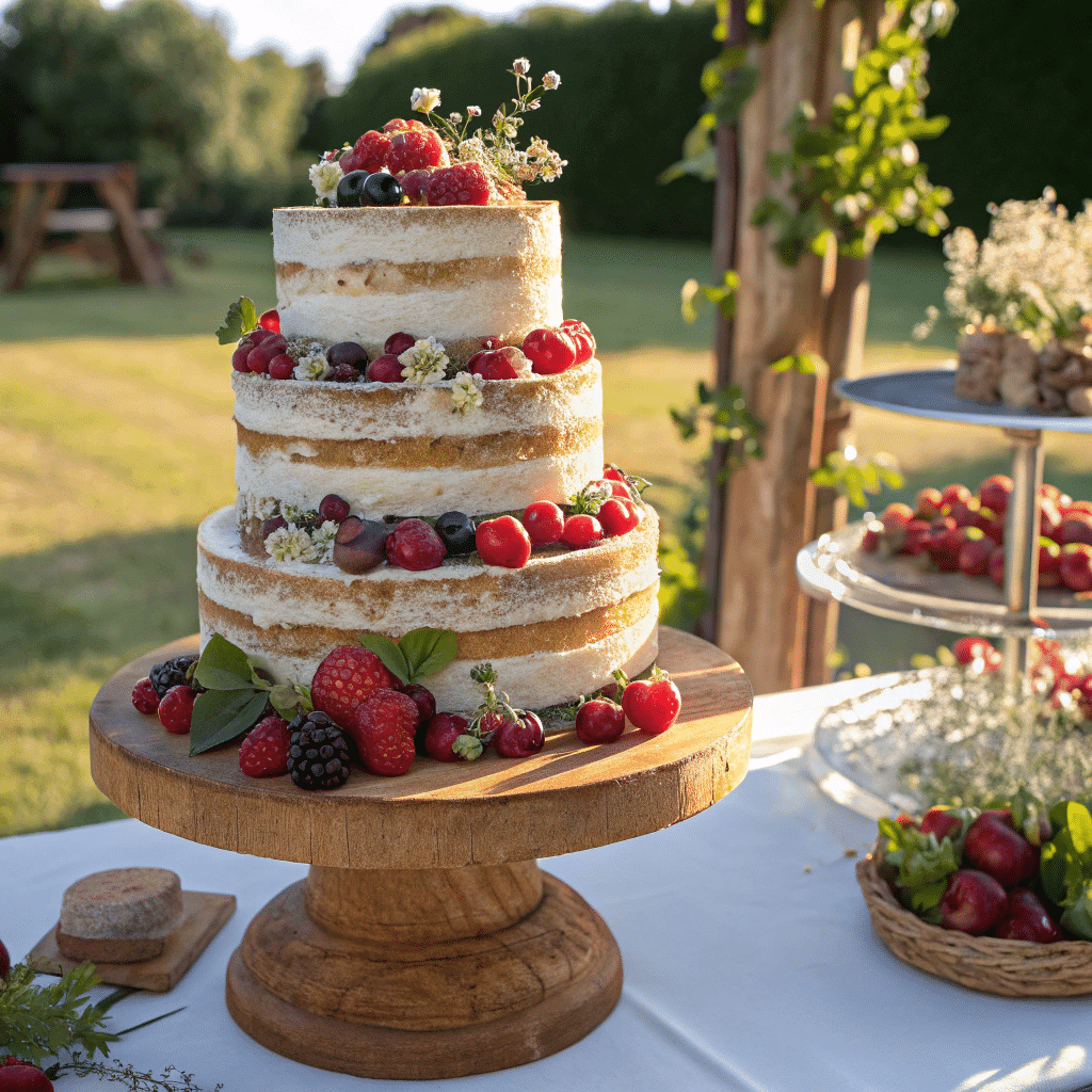 Rustic naked cake wedding with fresh berries and flowers