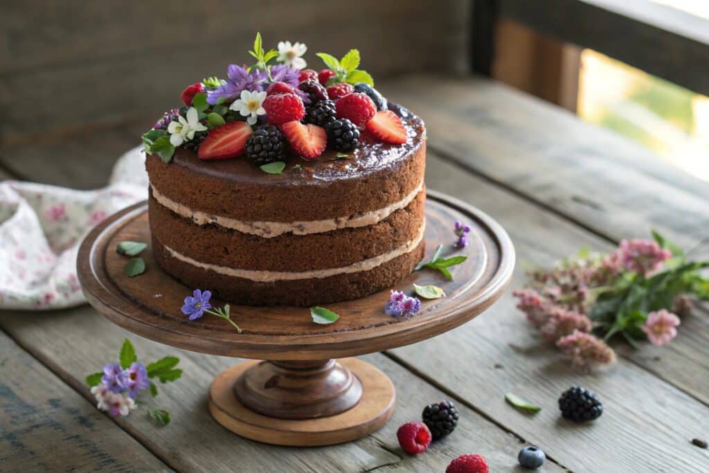 Rustic naked chocolate cake with berries and flowers on wooden stand