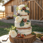 naked wedding cake with fresh flowers