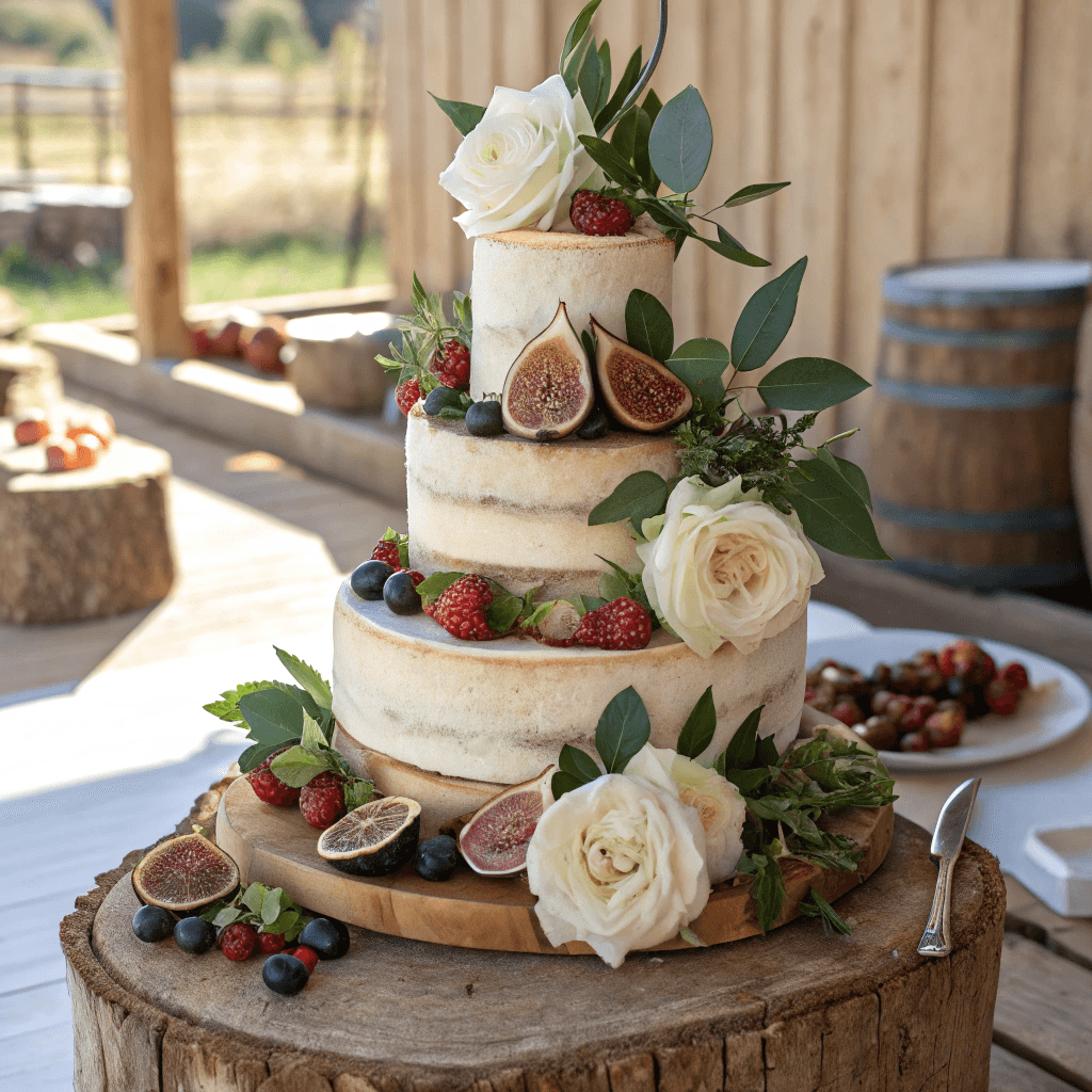 naked wedding cake with fresh flowers