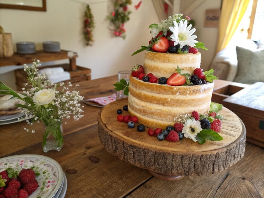 rustic american_cake naked with flowers and berries