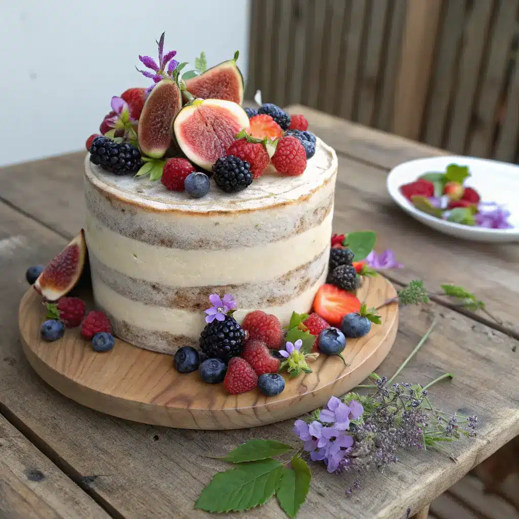decorated semi naked cake with fresh fruit