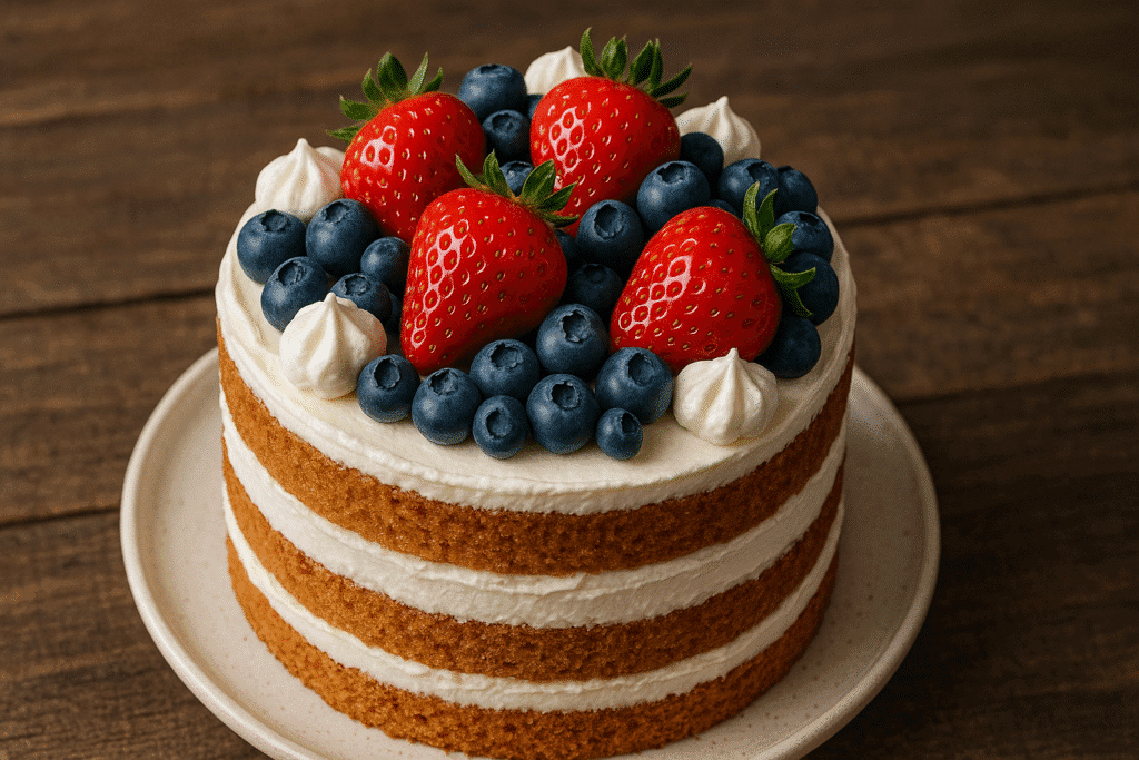 Patriotic naked cake with red and blue berries on rustic table