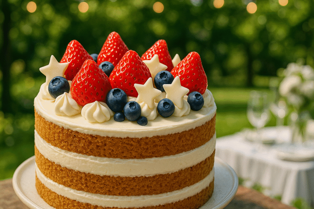 Patriotic naked cake displayed outdoors at a summer party
