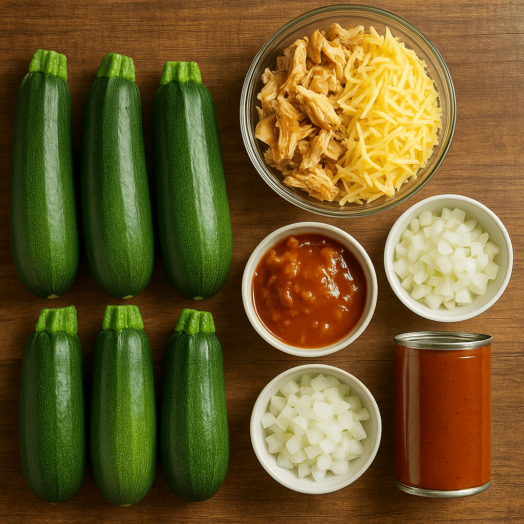 Ingredients for chicken enchilada stuffed zucchini boats recipe