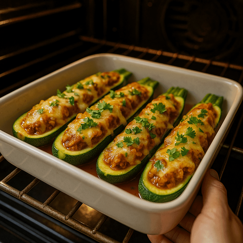 Chicken enchilada zucchini boats going into oven