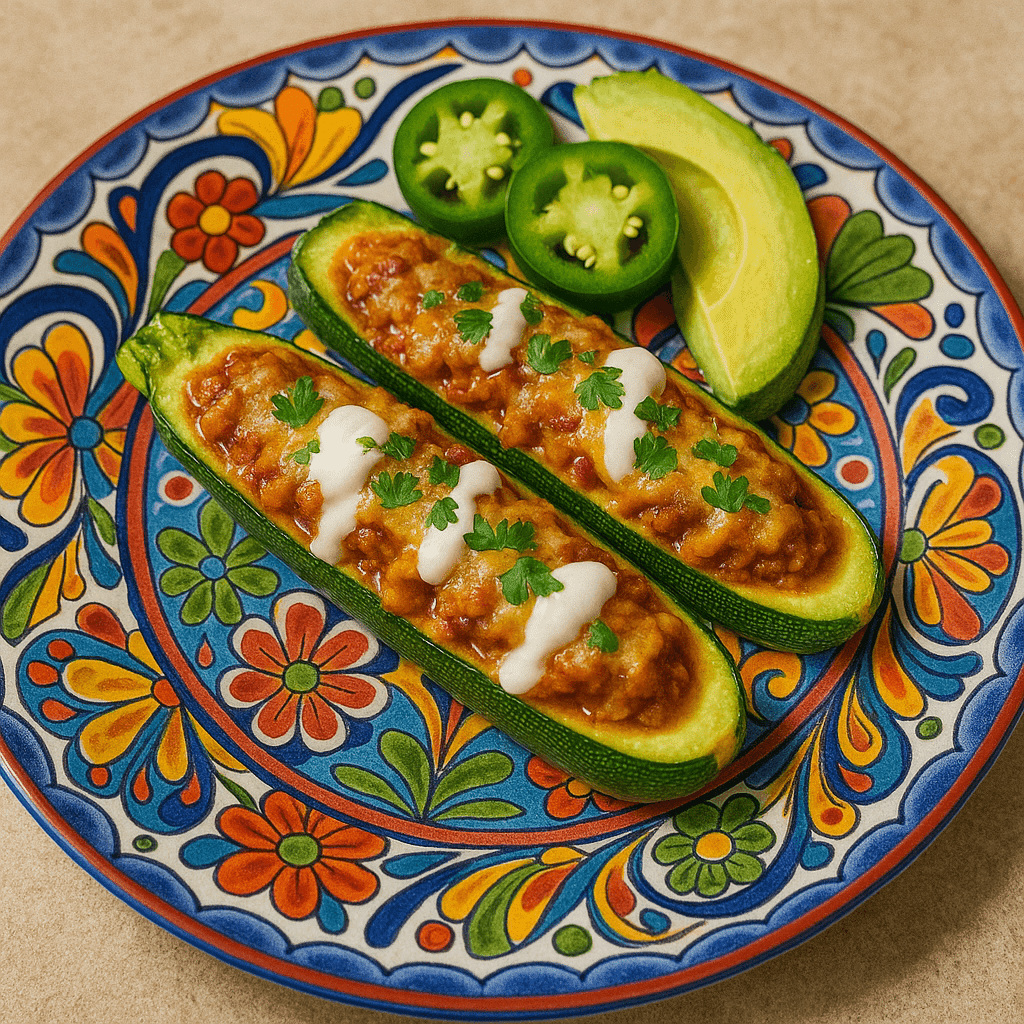 Plated chicken enchilada zucchini boats with toppings