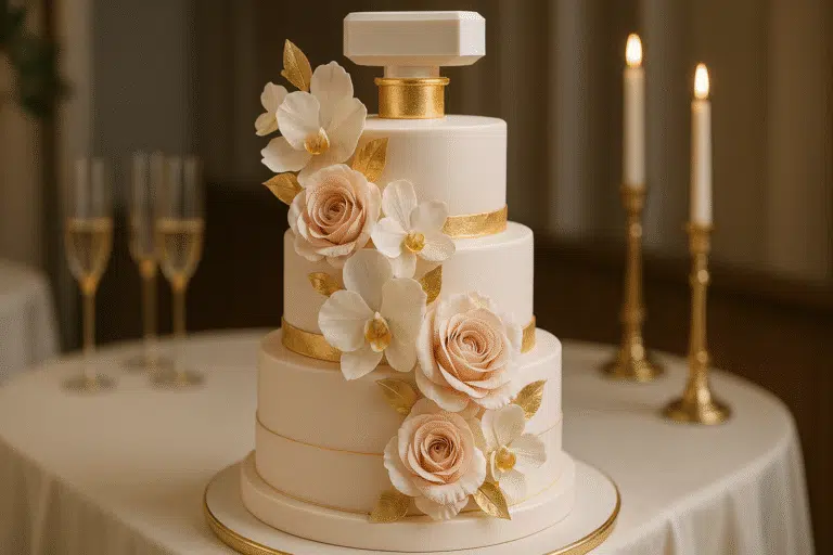 Perfume-Inspired Cakes with floral and gold details