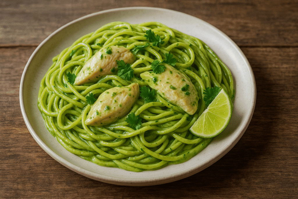 Green spaghetti with chicken plated with creamy green sauce