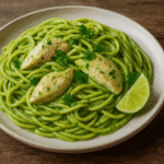 Green spaghetti with chicken plated with creamy green sauce