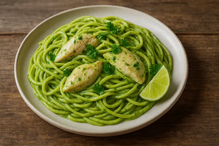 Green spaghetti with chicken plated with creamy green sauce