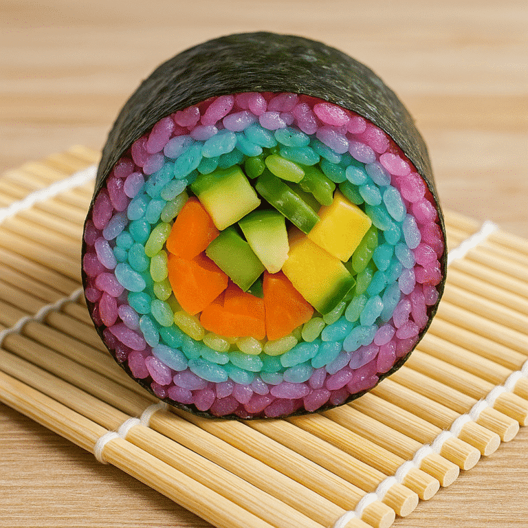 Prismatic sushi recipe colorful roll sliced open