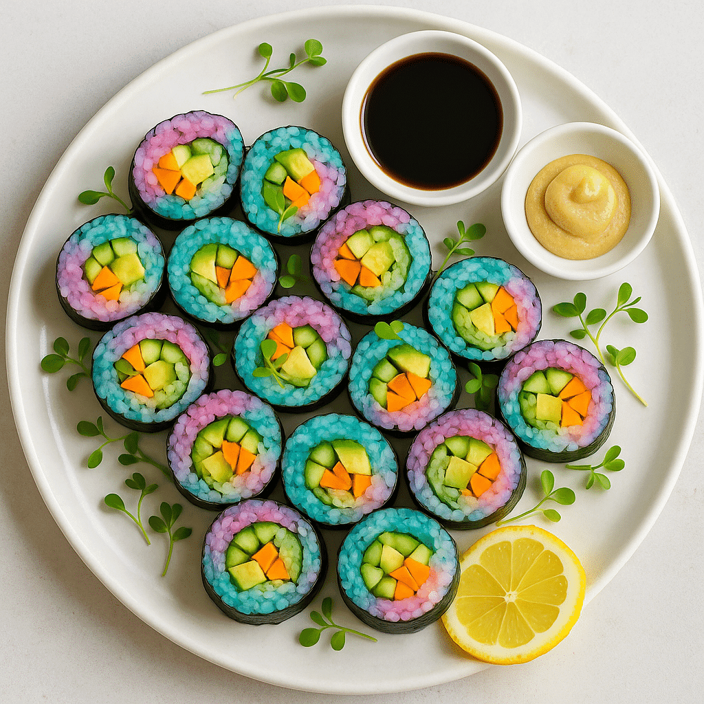 Prismatic sushi recipe plated spiral presentation