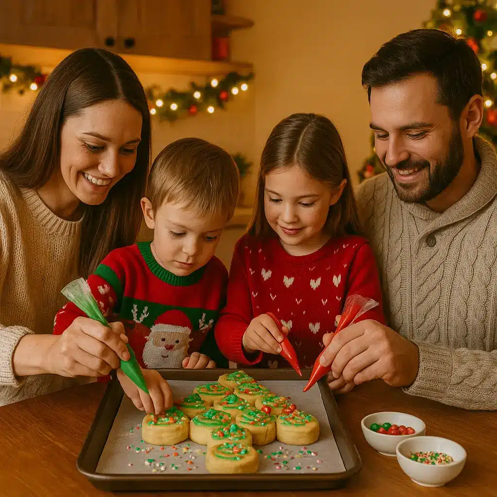 Family decorating Christmas Tree Cinnamon Rolls with icing and sprinkles.
