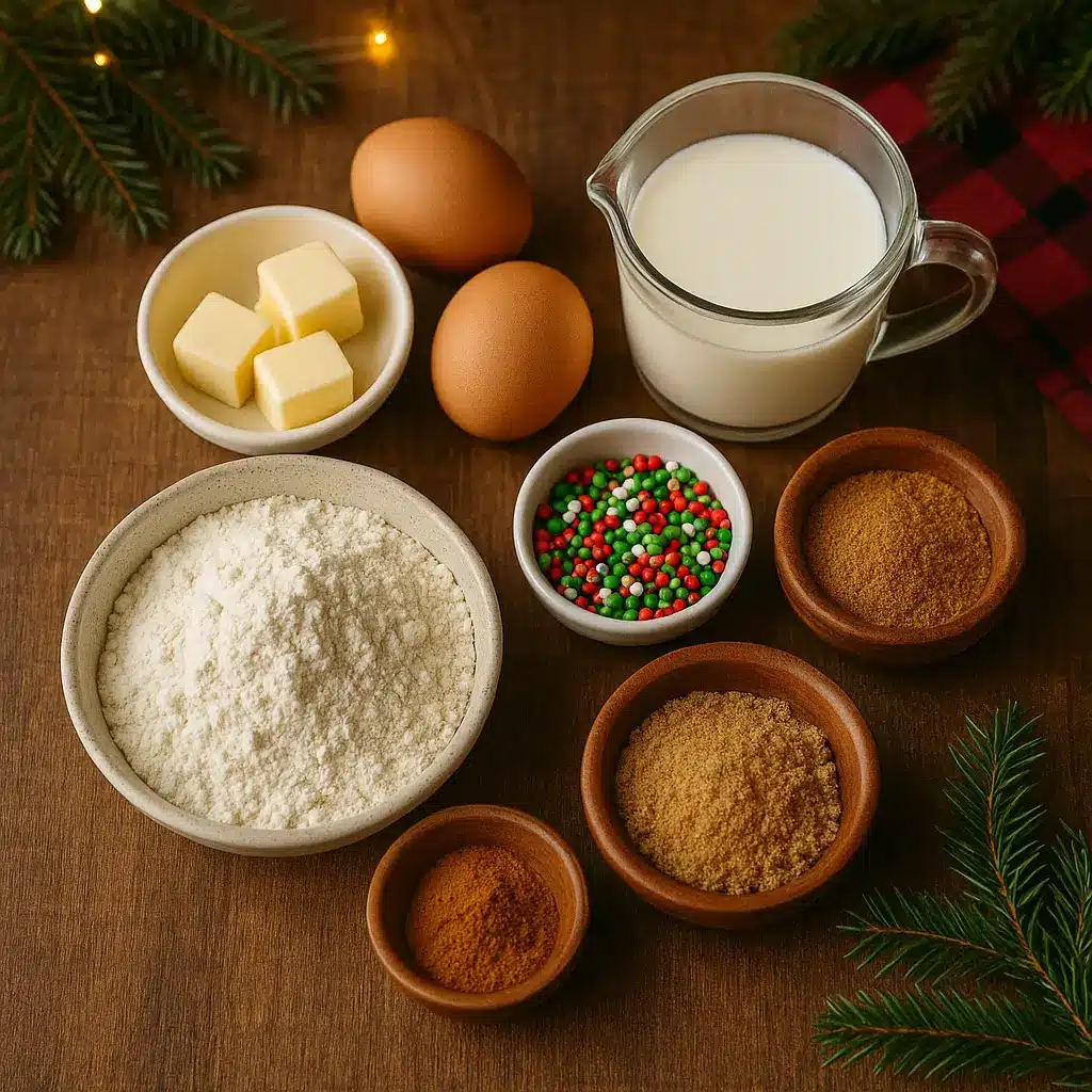 Ingredients for Christmas Tree Cinnamon Rolls arranged on a wooden surface.