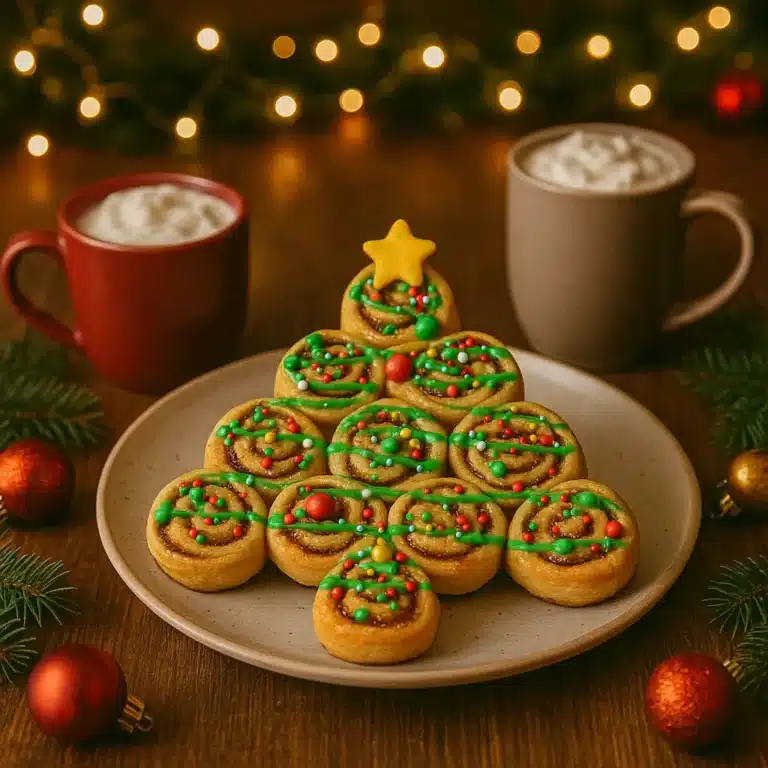 Christmas Tree Cinnamon Rolls served with cocoa on a festive table.