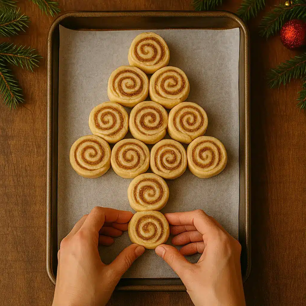 Shaping Christmas Tree Cinnamon Rolls on a baking tray before baking.