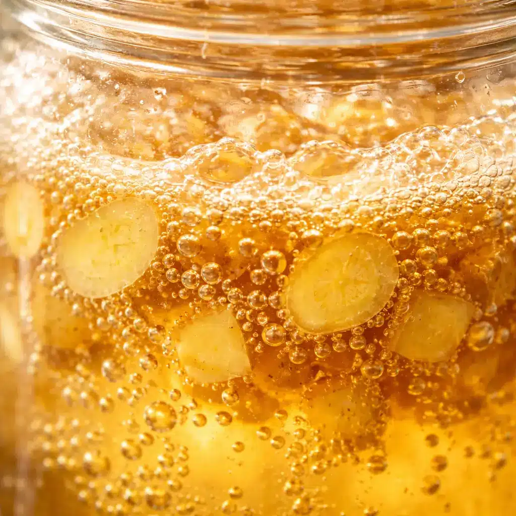 Close up bubbles forming in ginger bug recipe with honey during fermentation