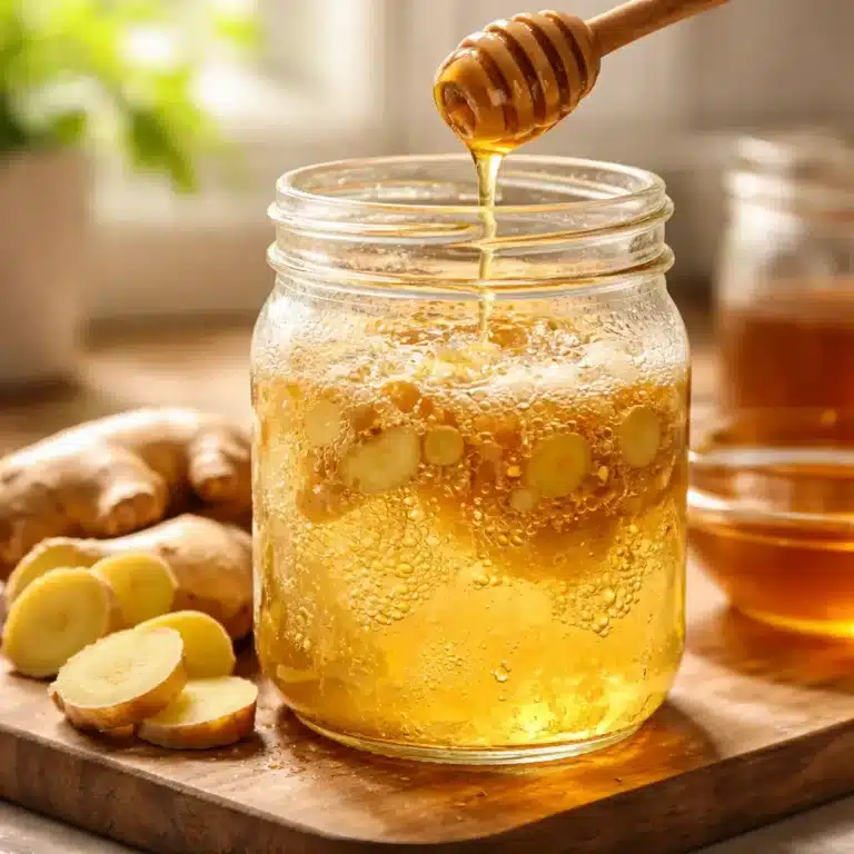 Active ginger bug recipe with honey bubbling in glass jar with fresh ginger and raw honey