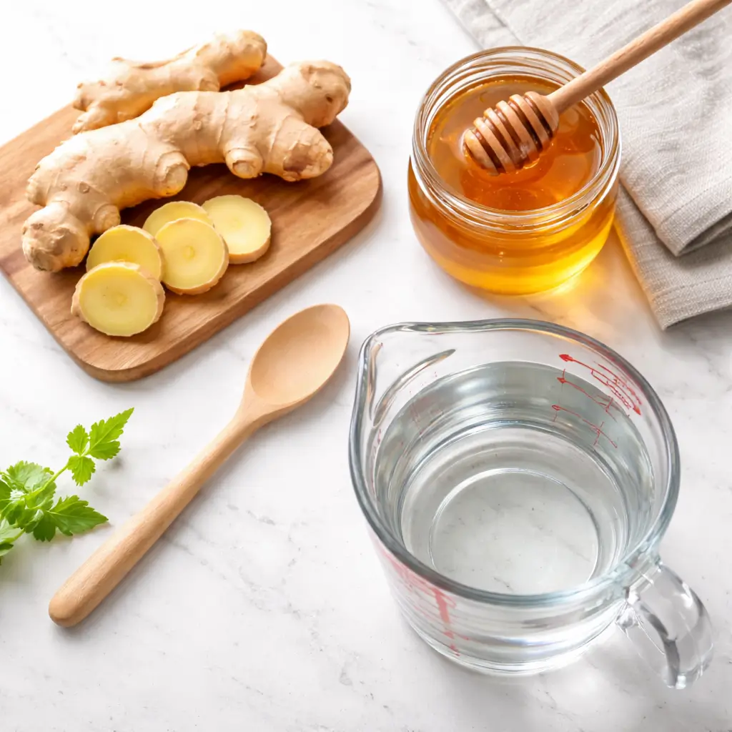 Ingredients for ginger bug recipe with honey including fresh ginger and raw honey