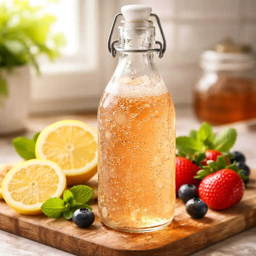 Homemade soda made with ginger bug recipe with honey in glass bottle